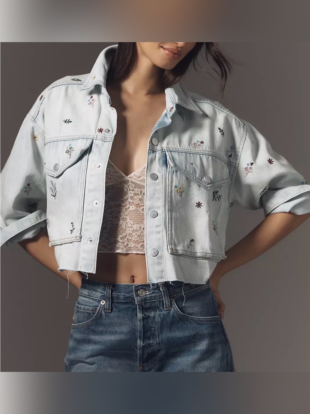 Pilcro Embroidered Multicolor Floral Light Wash Utility Denim Jacket Size Small